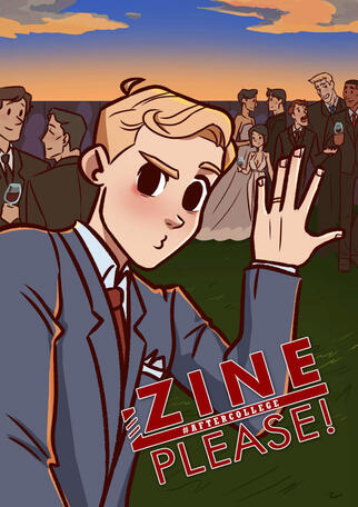 Selfie of a future Eric Bittle at his wedding, flashing his new wedding ring with duck lips. Behind him on his left are Jack and Tater (Alexei Mashkov) talking. On his right is Lardo holding a glass of wine as Shitty talks to Holster and Ransom. Ransom is