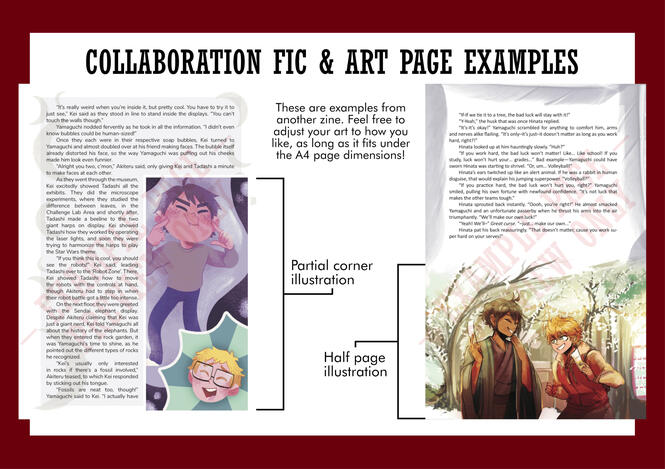 A graphic showing two examples of pages using both fic and artwork. The left side shows a partial corner illustration and the right side shows a half page illustration. Header text says: "Collaboration Fic & Art Page Examples". Description text says: "Thes