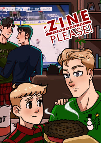 Eric Bittle consoles an unfazed Kent Parson staring at a burnt pie. In the back, Jack Zimmermann is getting heated over hockey with someone. All are wearing pajamas or Christmas attire.